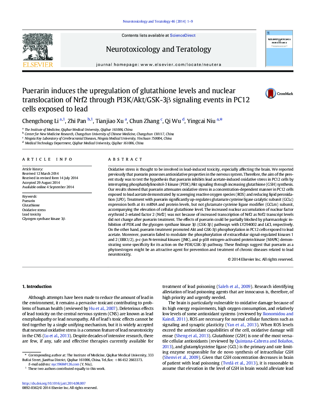 عکس صفحه اول مقاله: Puerarin induces the upregulation of glutathione levels and nuclear translocation of Nrf2 through PI3K/Akt/GSK-3β signaling events in PC12 cells exposed to lead Puerarin induces the upregulation of glutathione levels and nuclear translocation of Nrf2 through PI3K/Akt/GSK-3β signaling events in PC12 cells exposed to lead