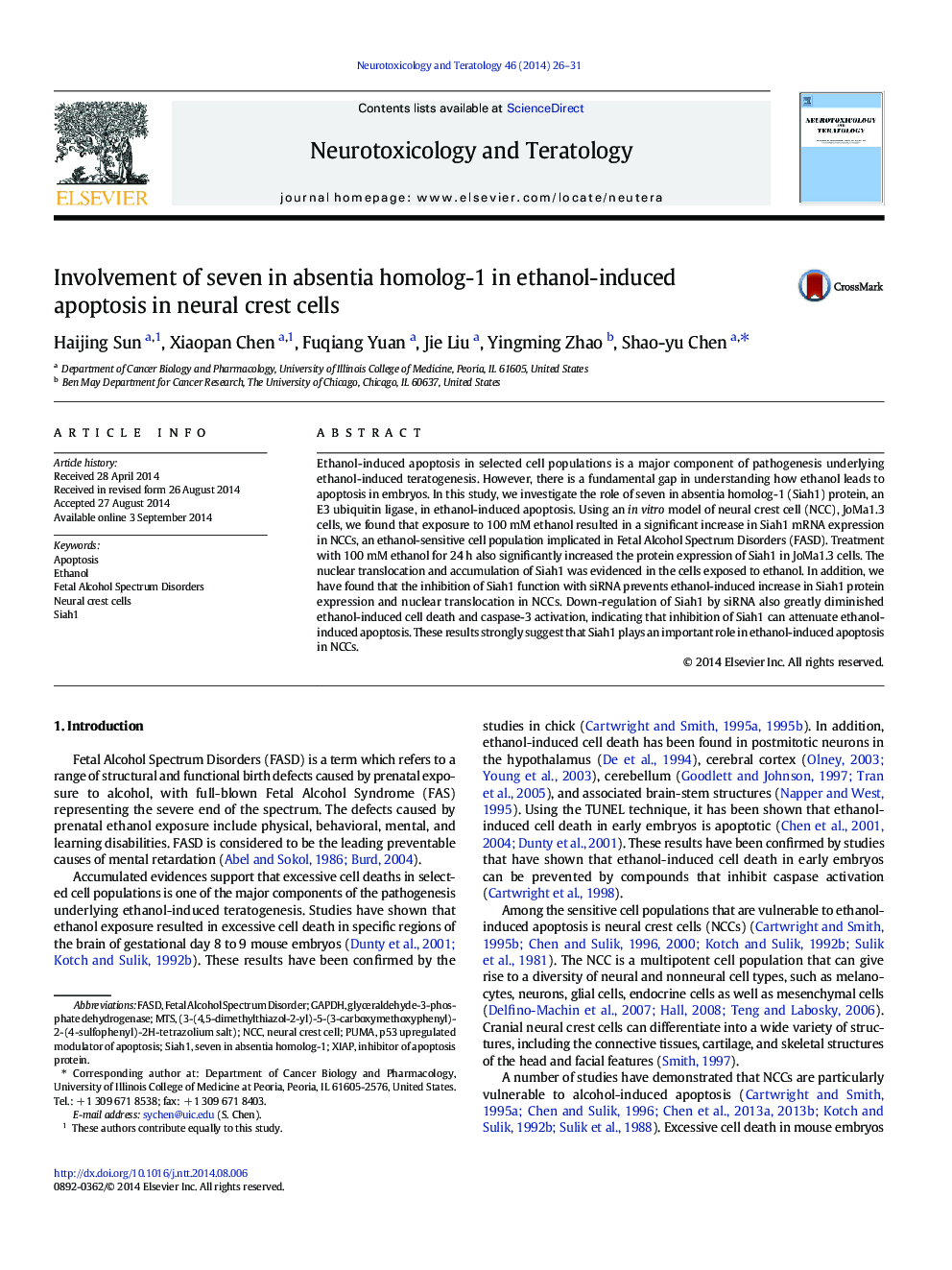 Involvement of seven in absentia homolog-1 in ethanol-induced apoptosis in neural crest cells