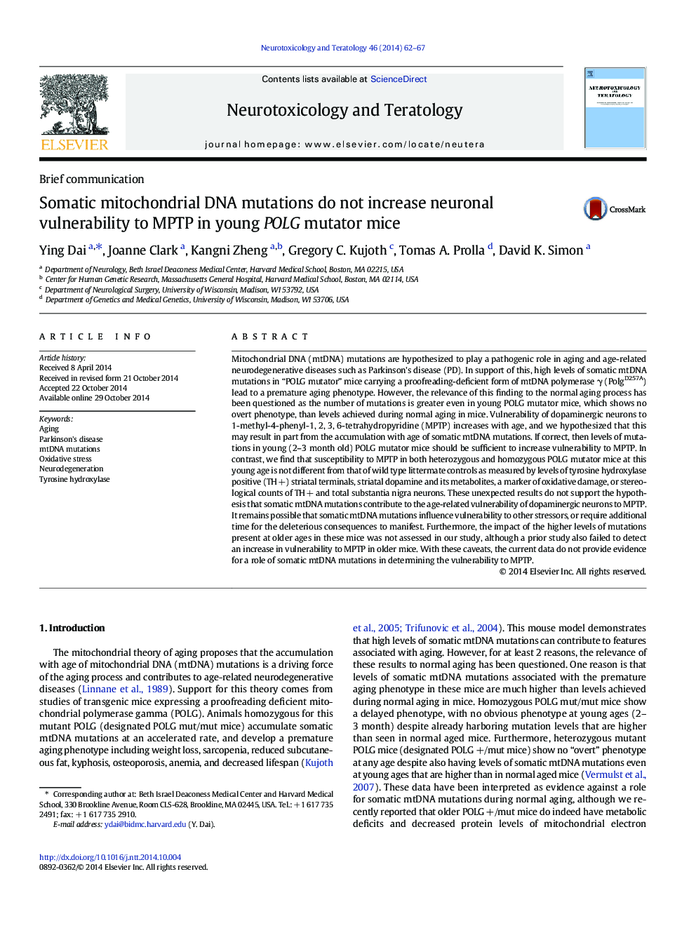 Somatic mitochondrial DNA mutations do not increase neuronal vulnerability to MPTP in young POLG mutator mice