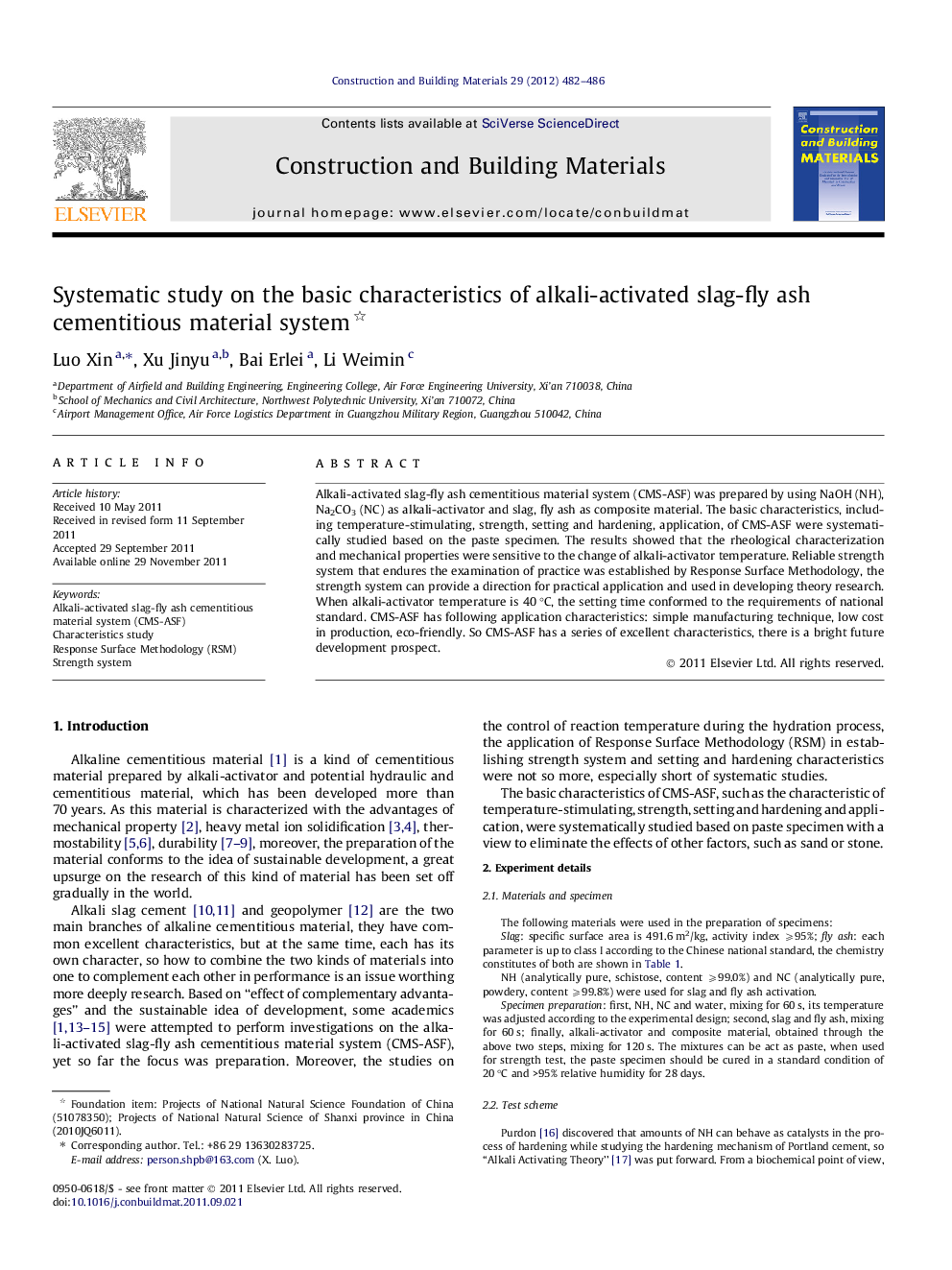 Systematic study on the basic characteristics of alkali-activated slag-fly ash cementitious material system *