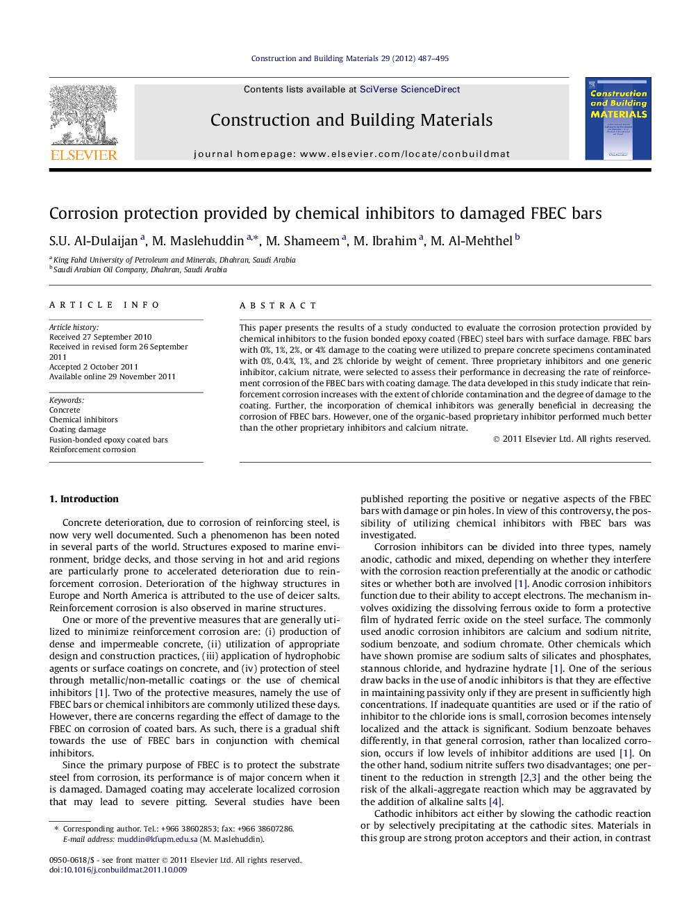 Corrosion protection provided by chemical inhibitors to damaged FBEC bars