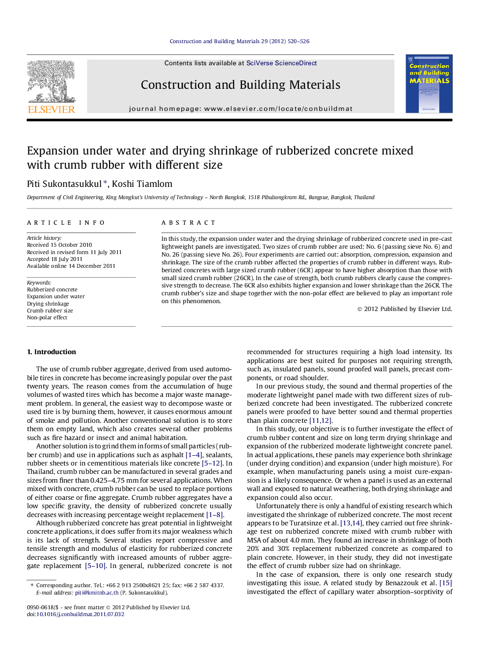 Expansion under water and drying shrinkage of rubberized concrete mixed with crumb rubber with different size