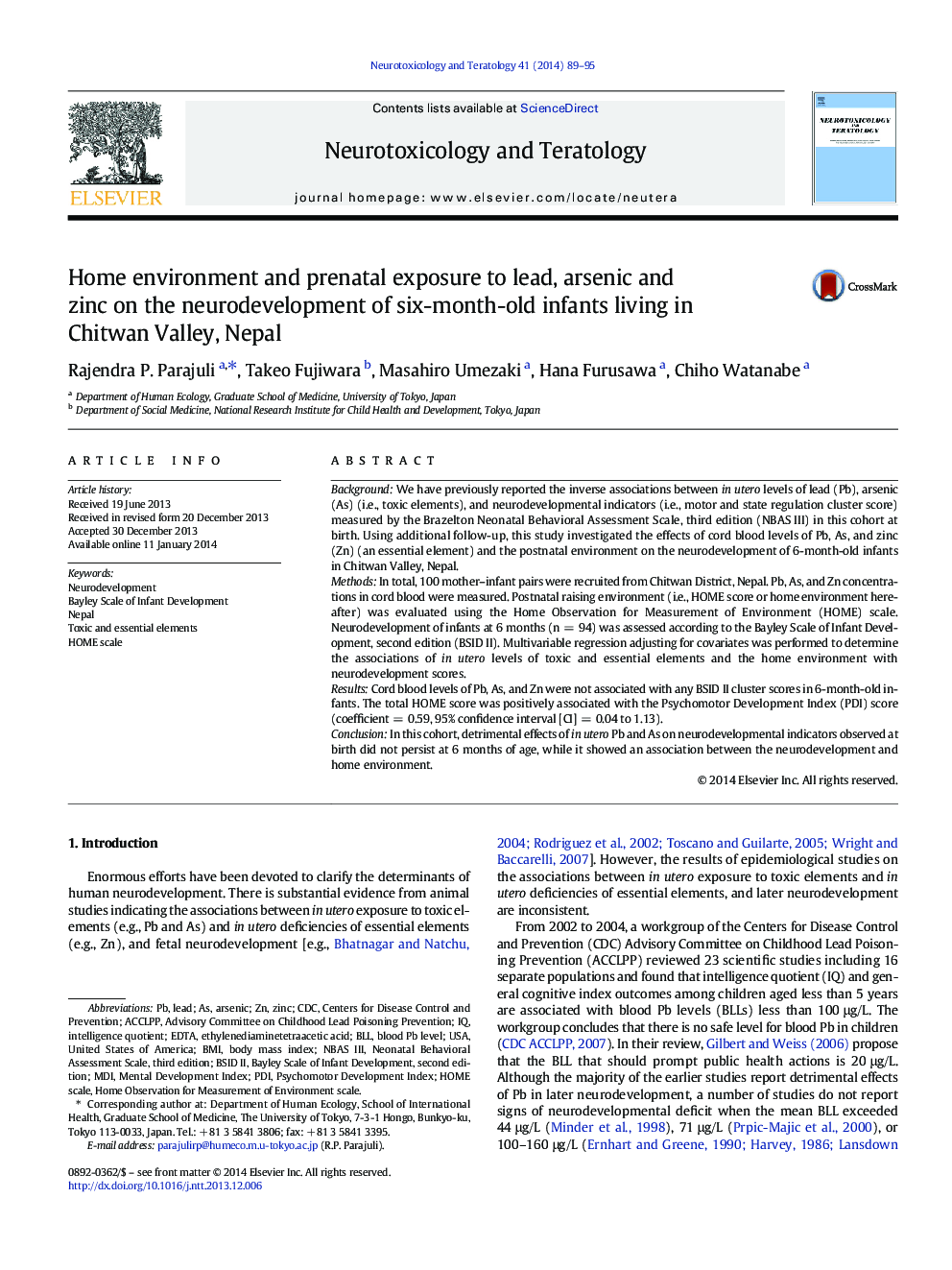 Home environment and prenatal exposure to lead, arsenic and zinc on the neurodevelopment of six-month-old infants living in Chitwan Valley, Nepal