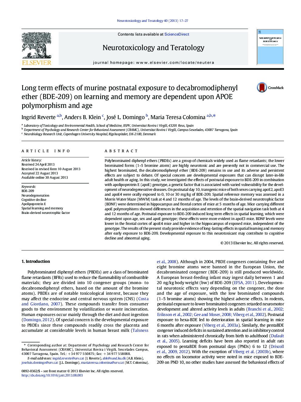 Long term effects of murine postnatal exposure to decabromodiphenyl ether (BDE-209) on learning and memory are dependent upon APOE polymorphism and age