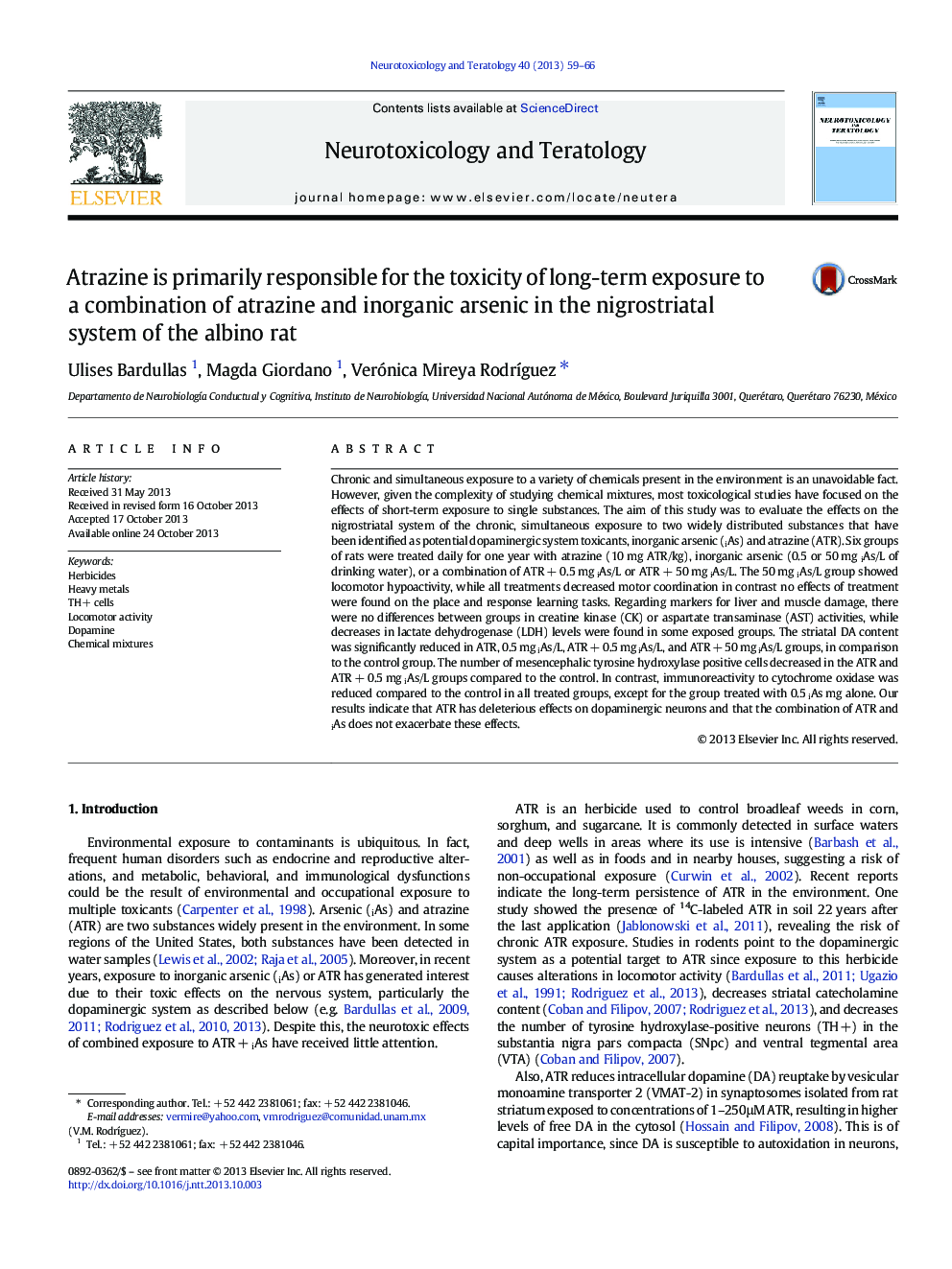 Atrazine is primarily responsible for the toxicity of long-term exposure to a combination of atrazine and inorganic arsenic in the nigrostriatal system of the albino rat