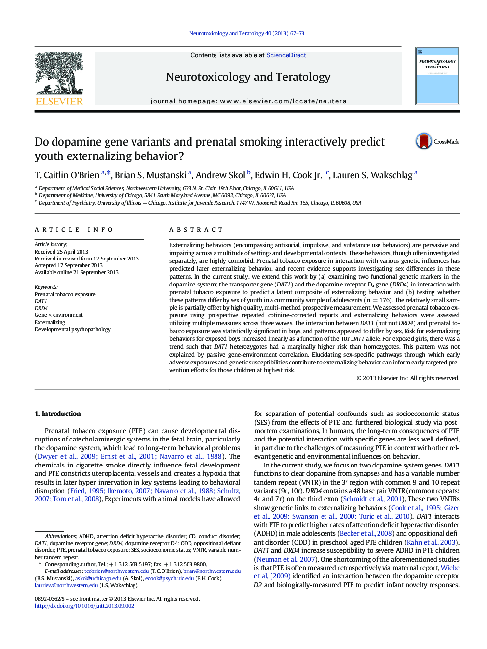 Do dopamine gene variants and prenatal smoking interactively predict youth externalizing behavior?