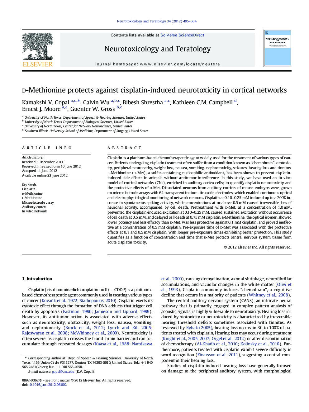 d-Methionine protects against cisplatin-induced neurotoxicity in cortical networks