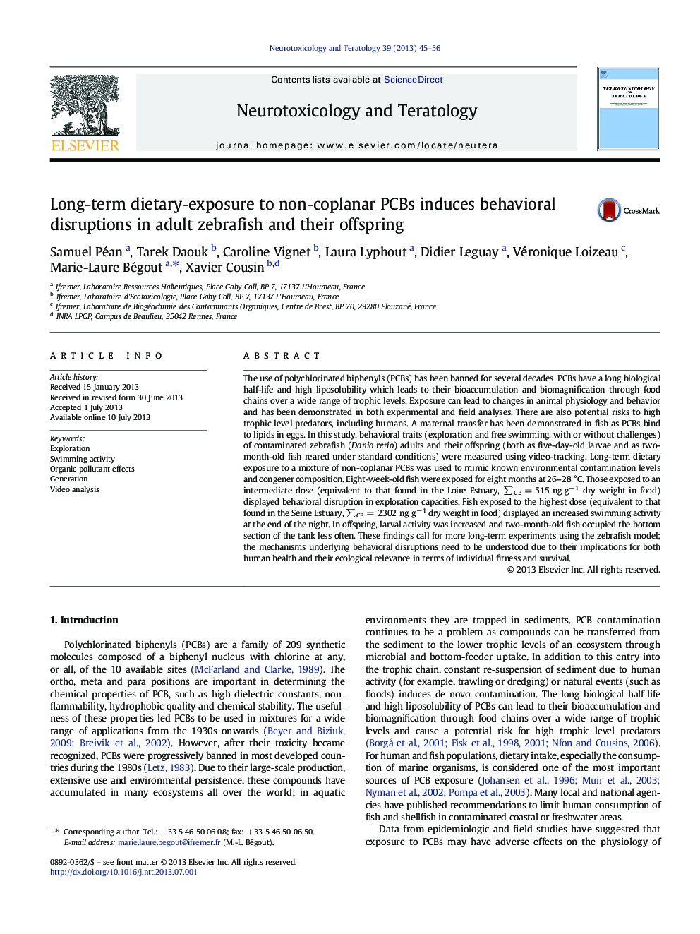 Long-term dietary-exposure to non-coplanar PCBs induces behavioral disruptions in adult zebrafish and their offspring