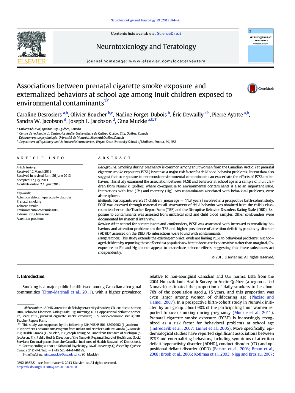 Associations between prenatal cigarette smoke exposure and externalized behaviors at school age among Inuit children exposed to environmental contaminants 