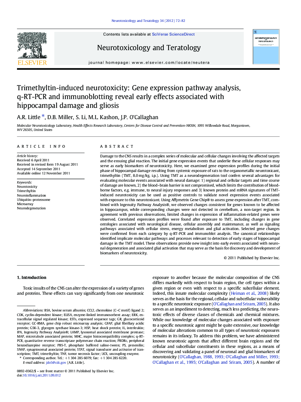 Trimethyltin-induced neurotoxicity: Gene expression pathway analysis, q-RT-PCR and immunoblotting reveal early effects associated with hippocampal damage and gliosis