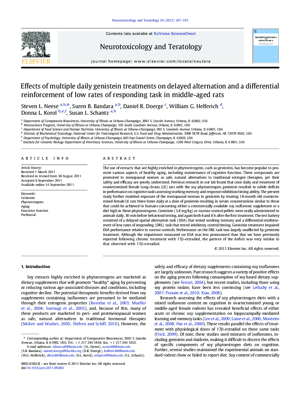 Effects of multiple daily genistein treatments on delayed alternation and a differential reinforcement of low rates of responding task in middle-aged rats