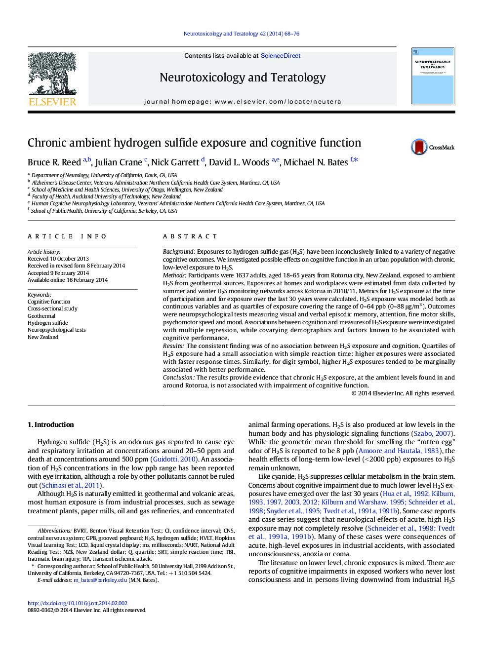 Chronic ambient hydrogen sulfide exposure and cognitive function