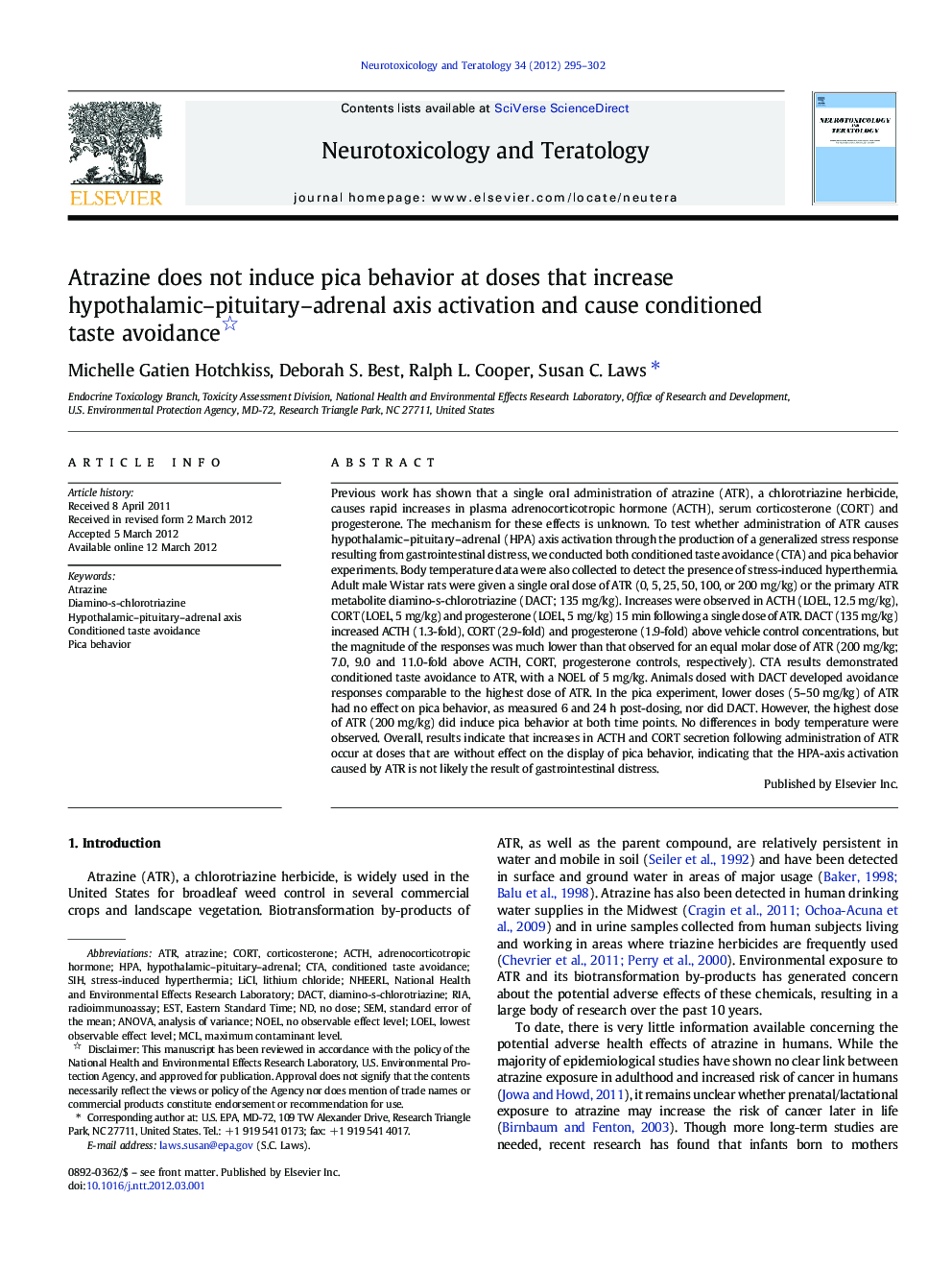 Atrazine does not induce pica behavior at doses that increase hypothalamic–pituitary–adrenal axis activation and cause conditioned taste avoidance 