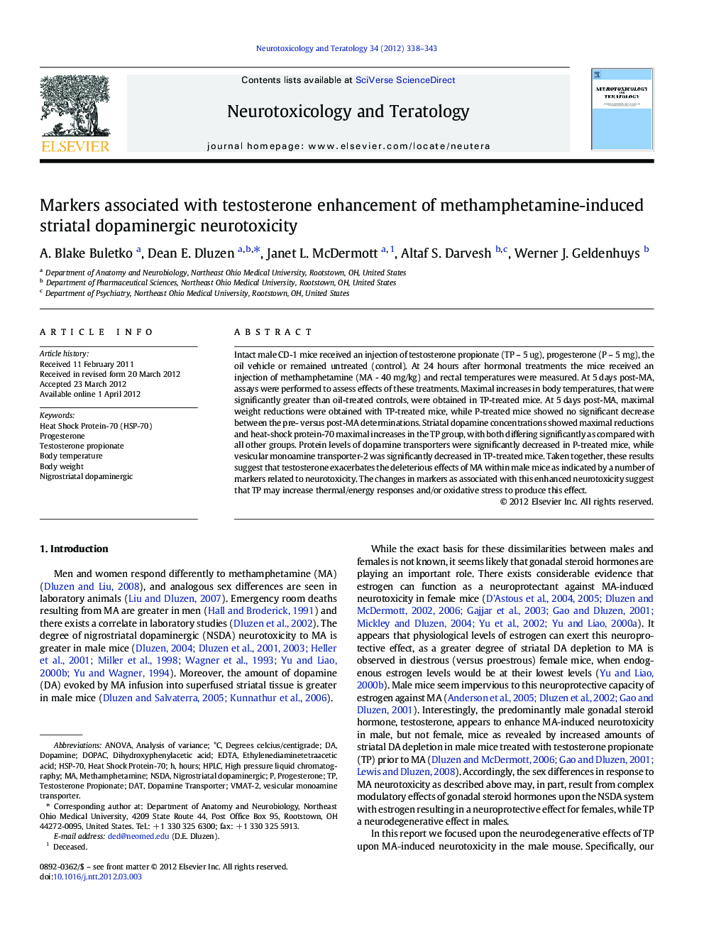 Markers associated with testosterone enhancement of methamphetamine-induced striatal dopaminergic neurotoxicity