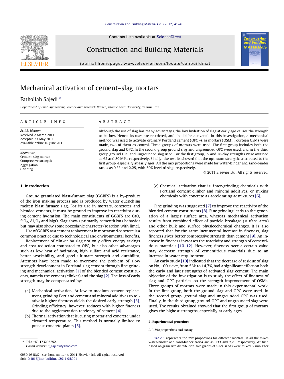 Mechanical activation of cement–slag mortars