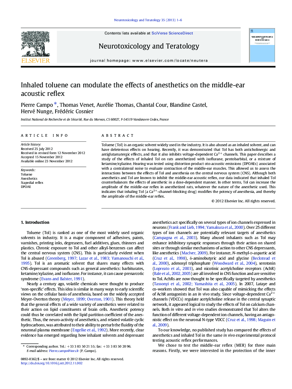 Inhaled toluene can modulate the effects of anesthetics on the middle-ear acoustic reflex