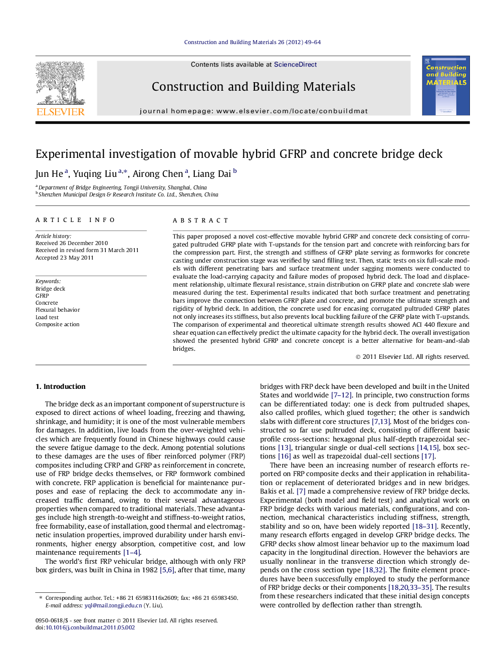 Experimental investigation of movable hybrid GFRP and concrete bridge deck