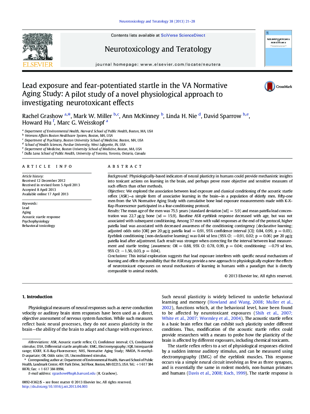 Lead exposure and fear-potentiated startle in the VA Normative Aging Study: A pilot study of a novel physiological approach to investigating neurotoxicant effects