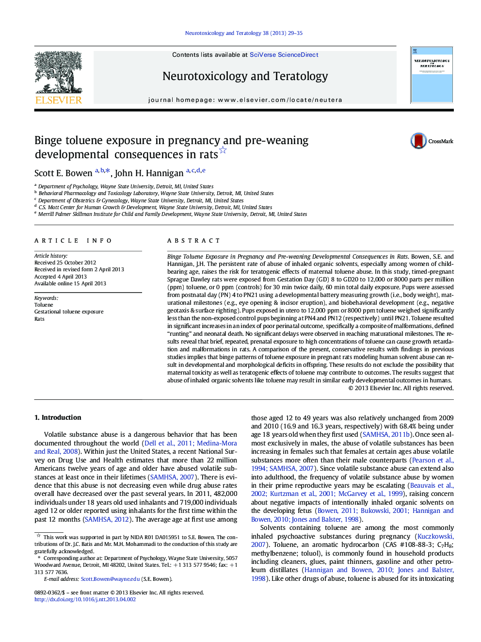 Binge toluene exposure in pregnancy and pre-weaning developmental consequences in rats 