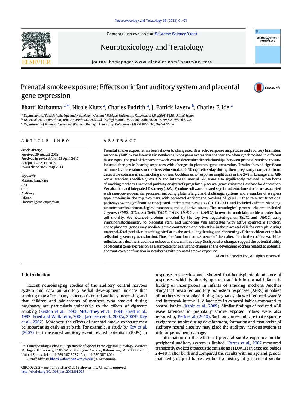 Prenatal smoke exposure: Effects on infant auditory system and placental gene expression