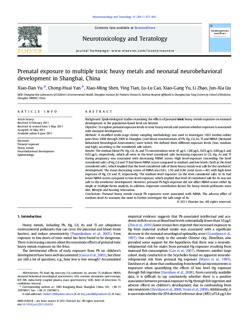 عکس صفحه اول مقاله: Prenatal exposure to multiple toxic heavy metals and neonatal neurobehavioral development in Shanghai, China Prenatal exposure to multiple toxic heavy metals and neonatal neurobehavioral development in Shanghai, China