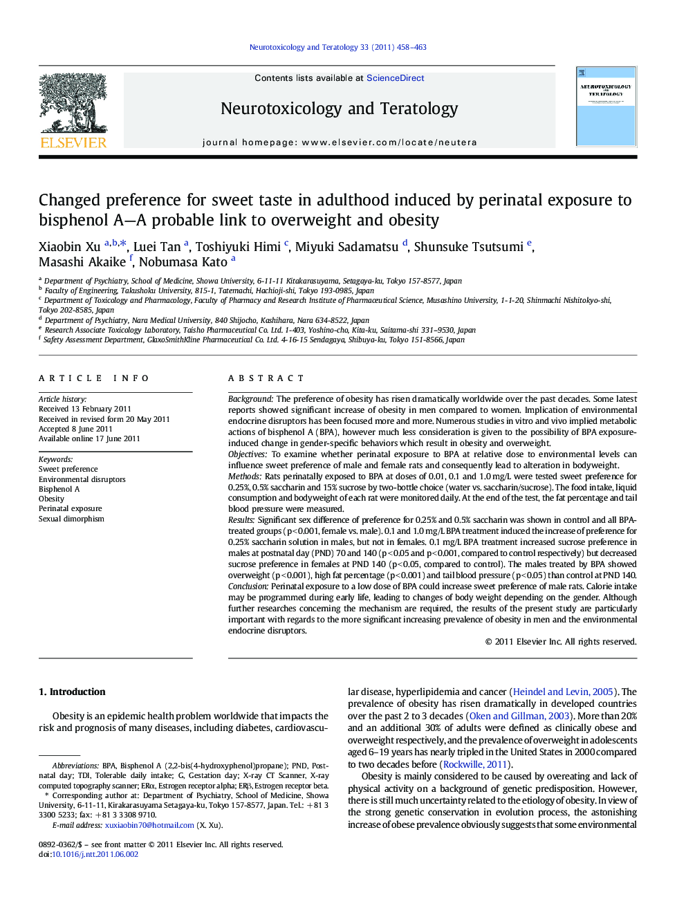 Changed preference for sweet taste in adulthood induced by perinatal exposure to bisphenol A—A probable link to overweight and obesity