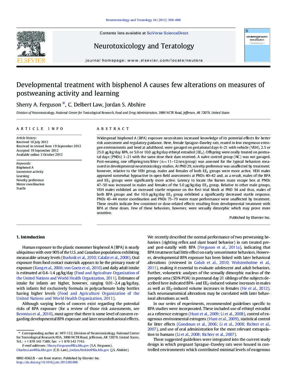 Developmental treatment with bisphenol A causes few alterations on measures of postweaning activity and learning