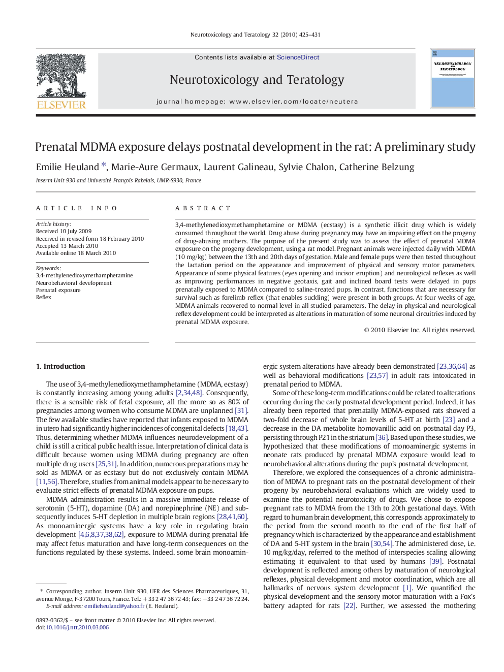 Prenatal MDMA exposure delays postnatal development in the rat: A preliminary study