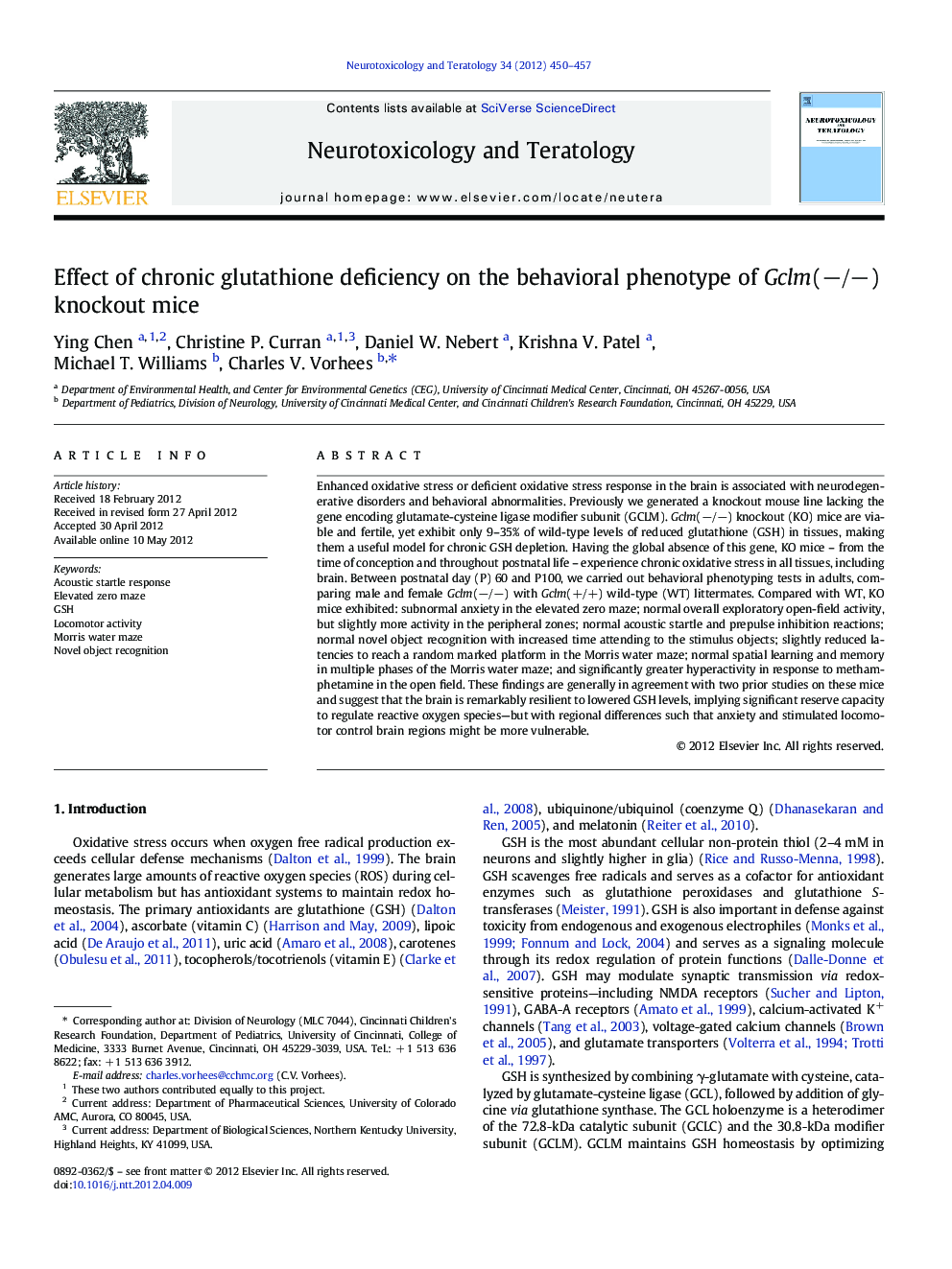 Effect of chronic glutathione deficiency on the behavioral phenotype of Gclm(−/−) knockout mice