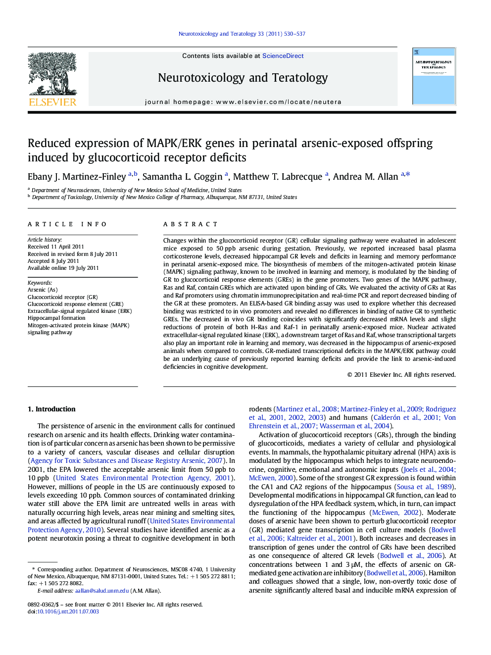 Reduced expression of MAPK/ERK genes in perinatal arsenic-exposed offspring induced by glucocorticoid receptor deficits