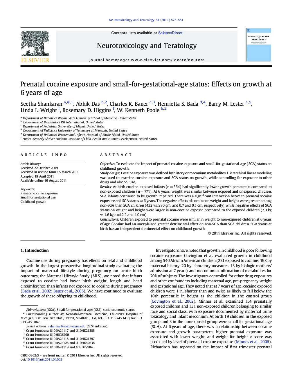 Prenatal cocaine exposure and small-for-gestational-age status: Effects on growth at 6 years of age