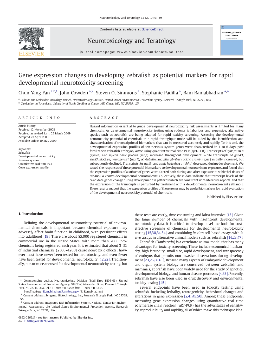 Gene expression changes in developing zebrafish as potential markers for rapid developmental neurotoxicity screening