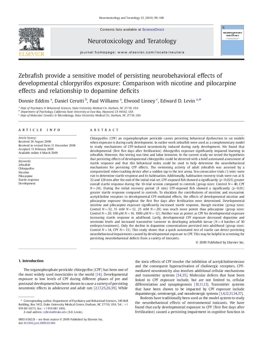 Zebrafish provide a sensitive model of persisting neurobehavioral effects of developmental chlorpyrifos exposure: Comparison with nicotine and pilocarpine effects and relationship to dopamine deficits