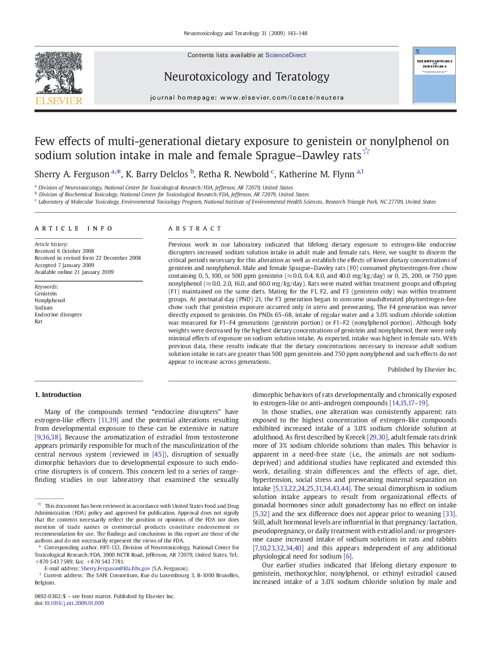 Few effects of multi-generational dietary exposure to genistein or nonylphenol on sodium solution intake in male and female Sprague–Dawley rats 