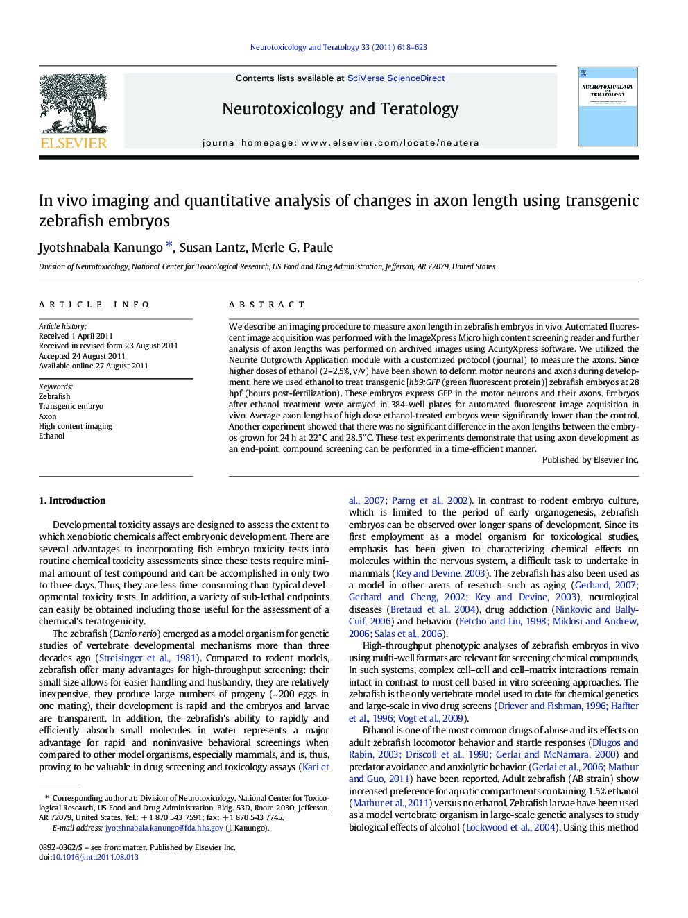In vivo imaging and quantitative analysis of changes in axon length using transgenic zebrafish embryos