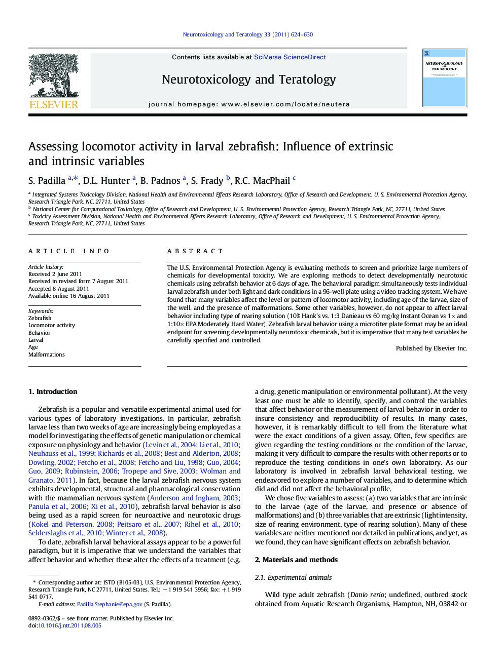 Assessing locomotor activity in larval zebrafish: Influence of extrinsic and intrinsic variables