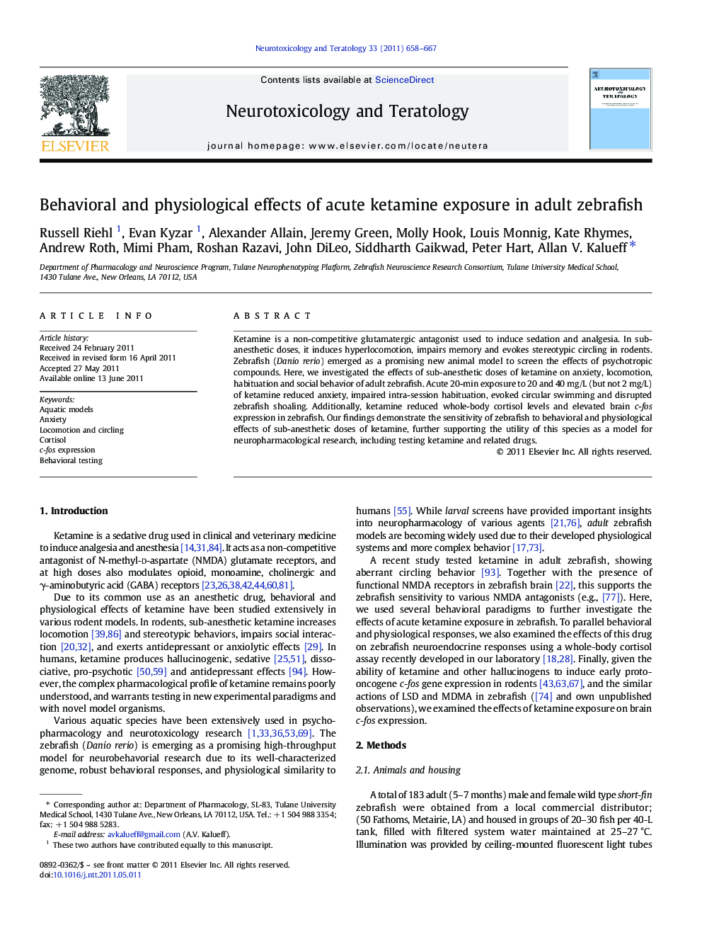 Behavioral and physiological effects of acute ketamine exposure in adult zebrafish