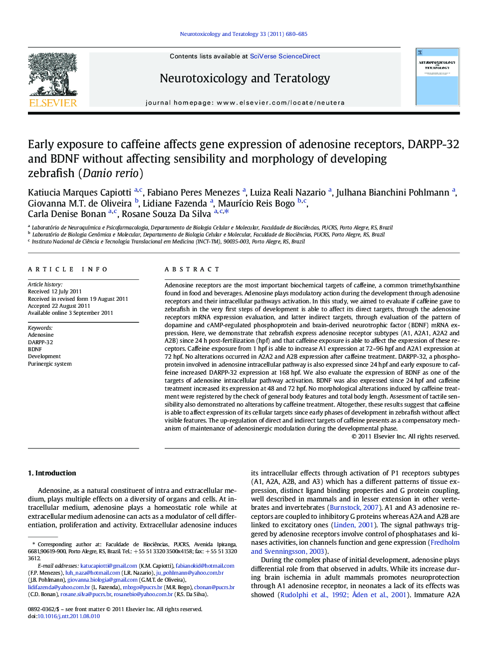 Early exposure to caffeine affects gene expression of adenosine receptors, DARPP-32 and BDNF without affecting sensibility and morphology of developing zebrafish (Danio rerio)