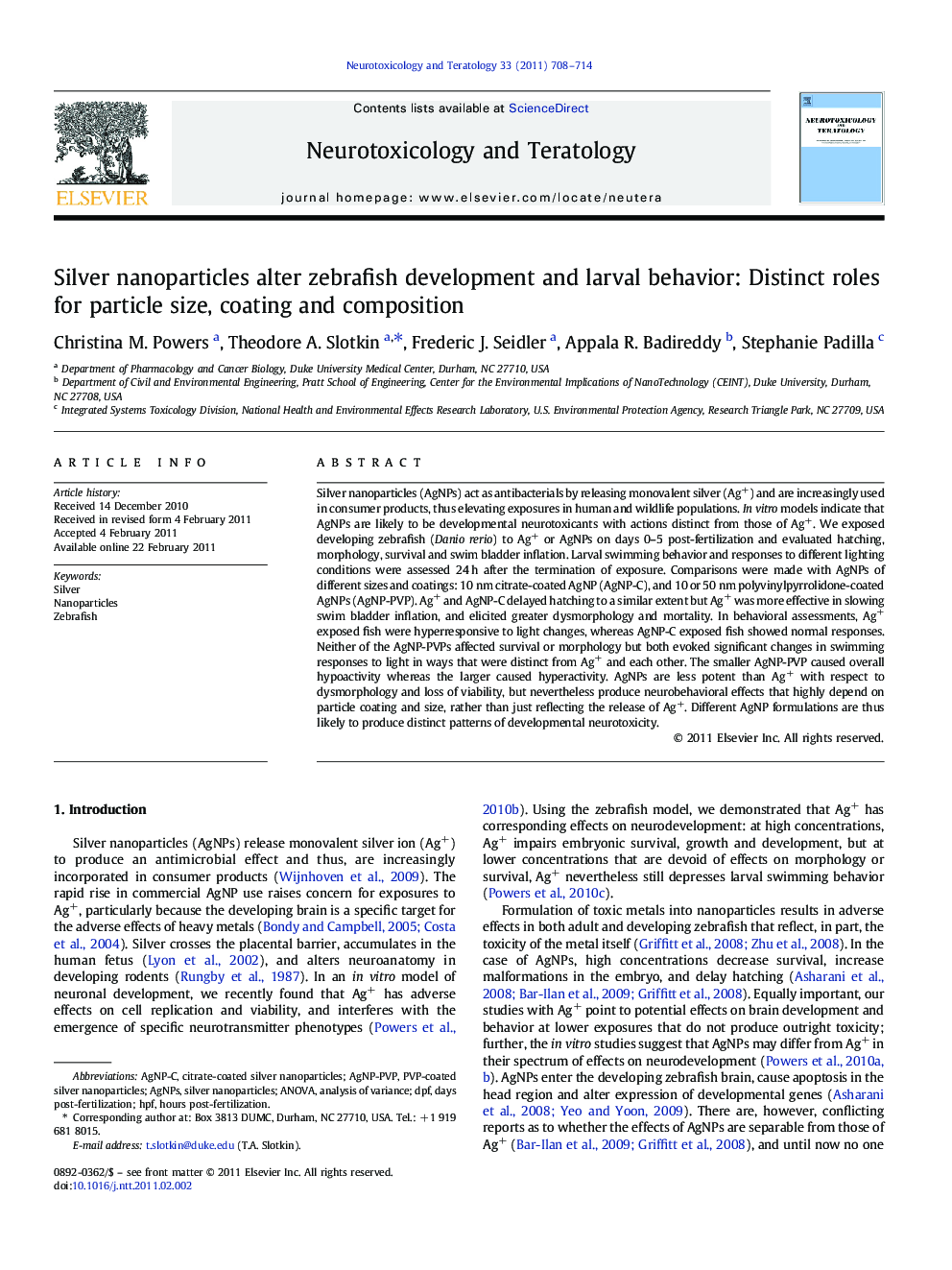 Silver nanoparticles alter zebrafish development and larval behavior: Distinct roles for particle size, coating and composition