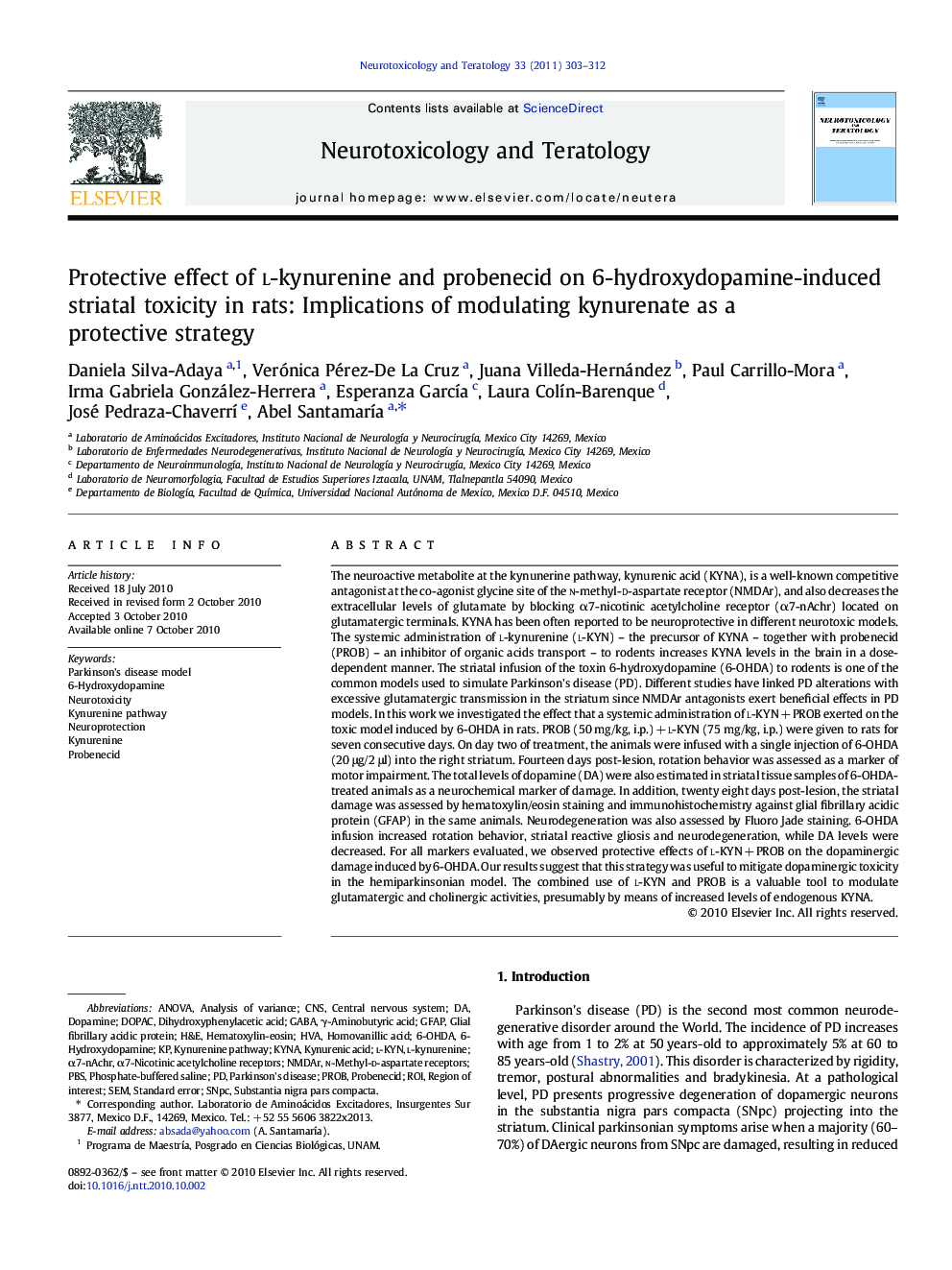 Protective effect of l-kynurenine and probenecid on 6-hydroxydopamine-induced striatal toxicity in rats: Implications of modulating kynurenate as a protective strategy