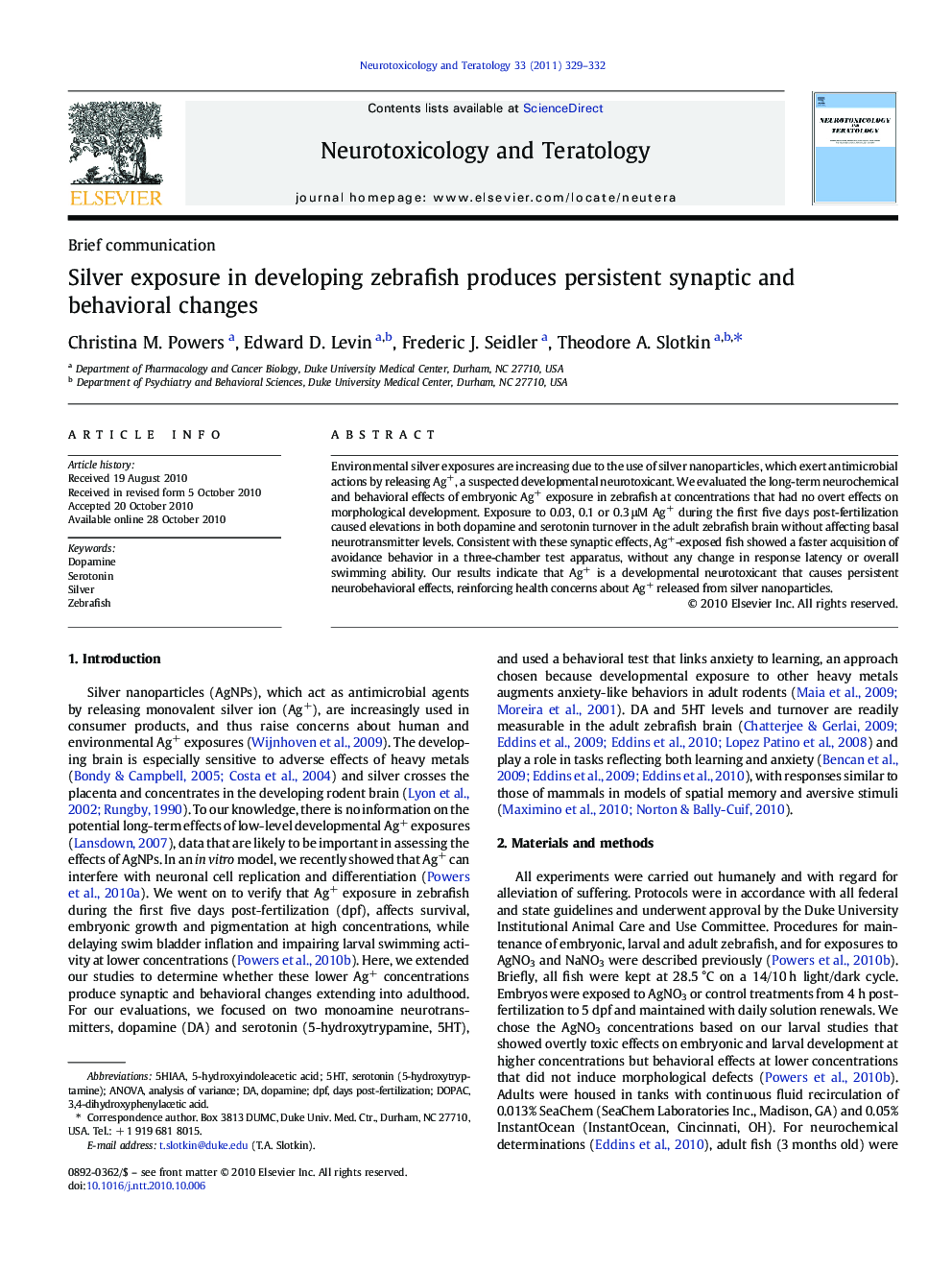 Silver exposure in developing zebrafish produces persistent synaptic and behavioral changes