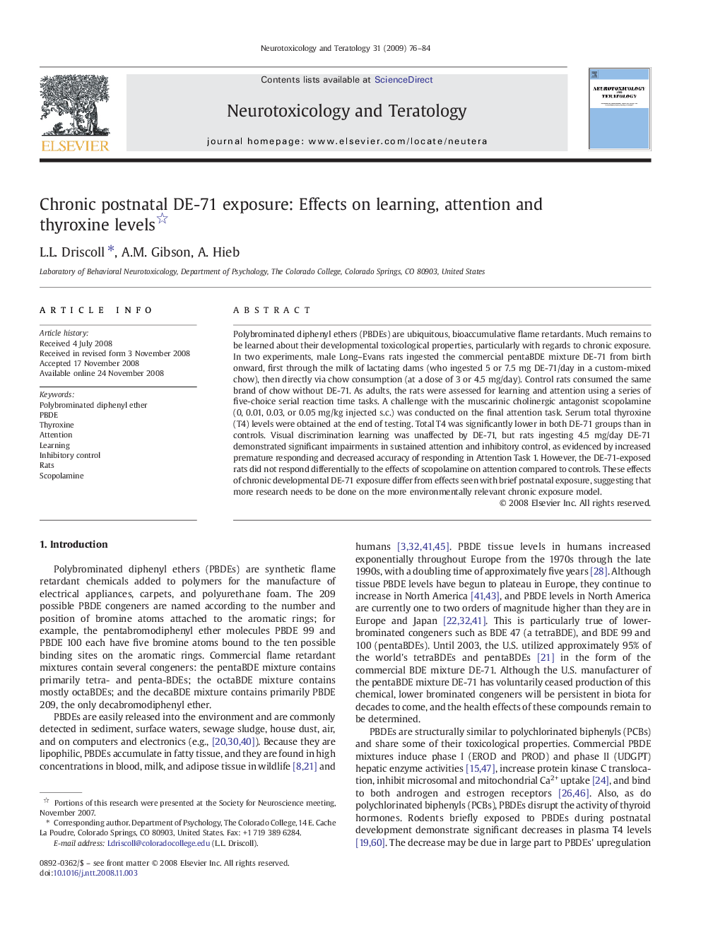 Chronic postnatal DE-71 exposure: Effects on learning, attention and thyroxine levels 