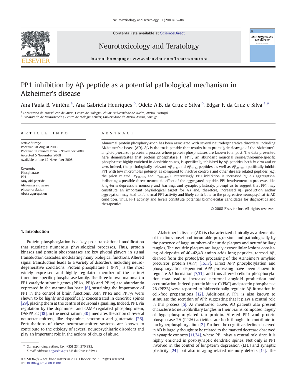 PP1 inhibition by Aβ peptide as a potential pathological mechanism in Alzheimer's disease