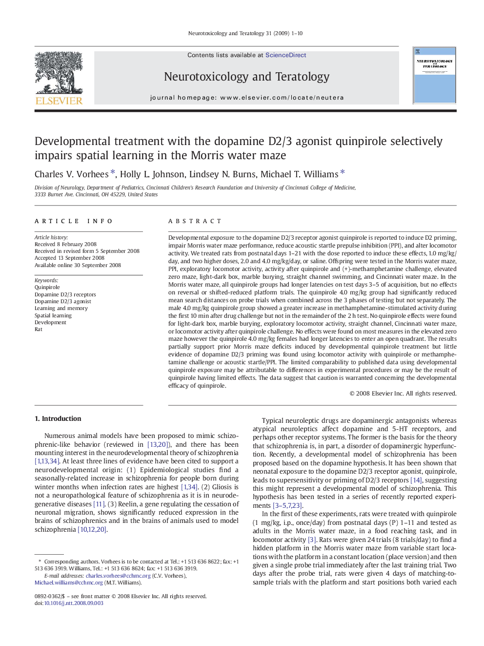 Developmental treatment with the dopamine D2/3 agonist quinpirole selectively impairs spatial learning in the Morris water maze