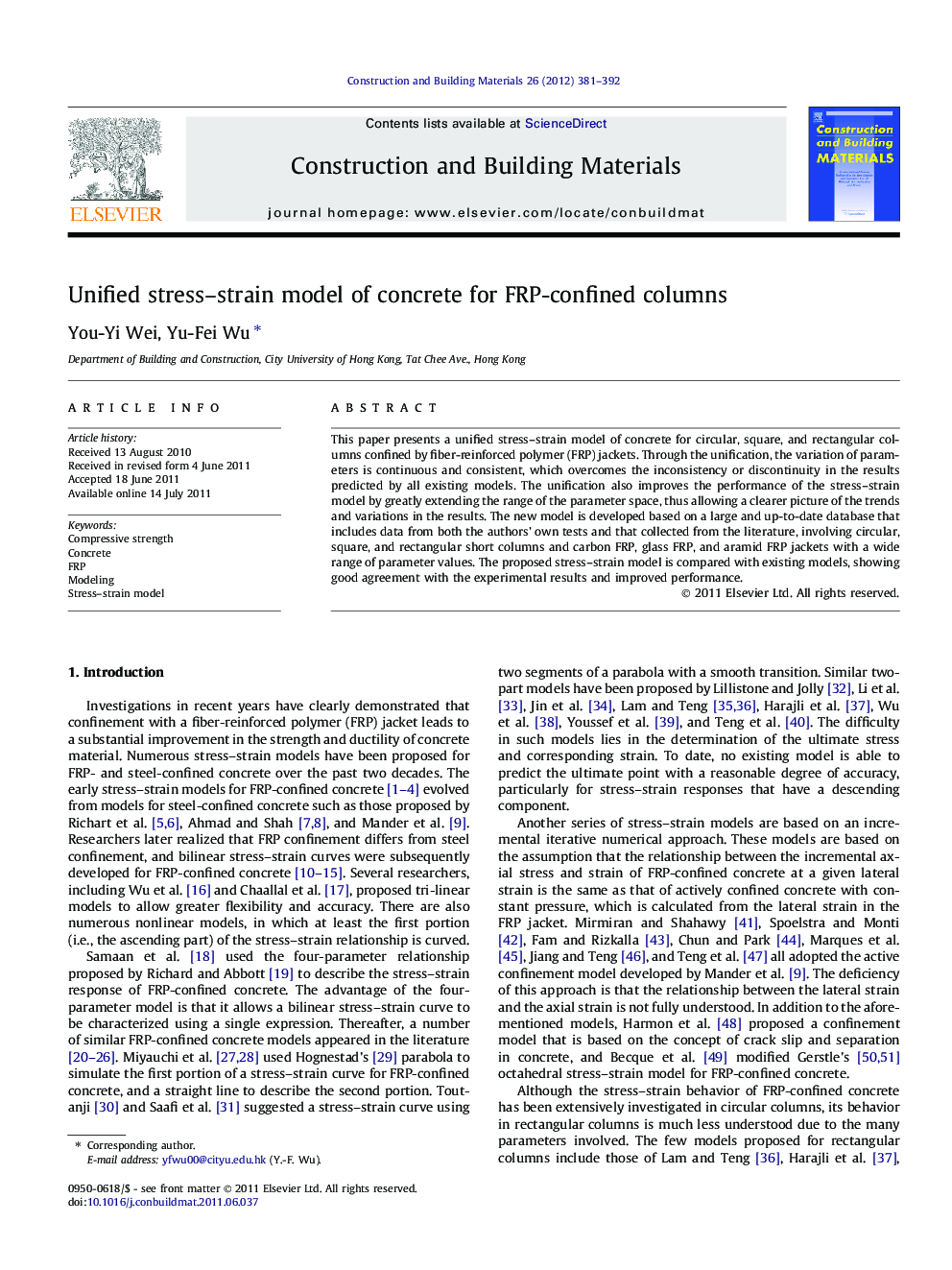 Unified stress–strain model of concrete for FRP-confined columns