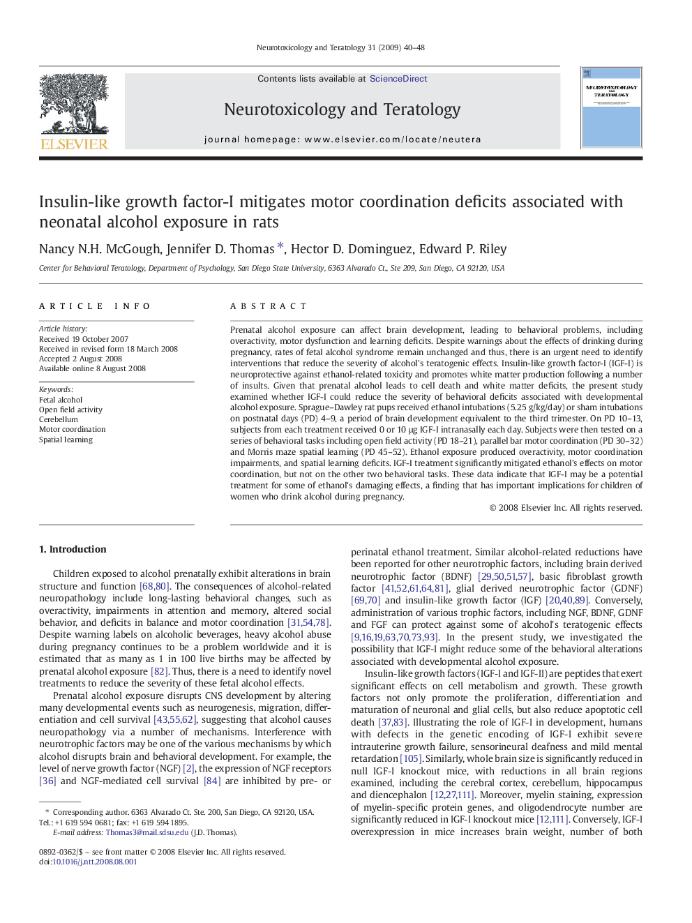 Insulin-like growth factor-I mitigates motor coordination deficits associated with neonatal alcohol exposure in rats