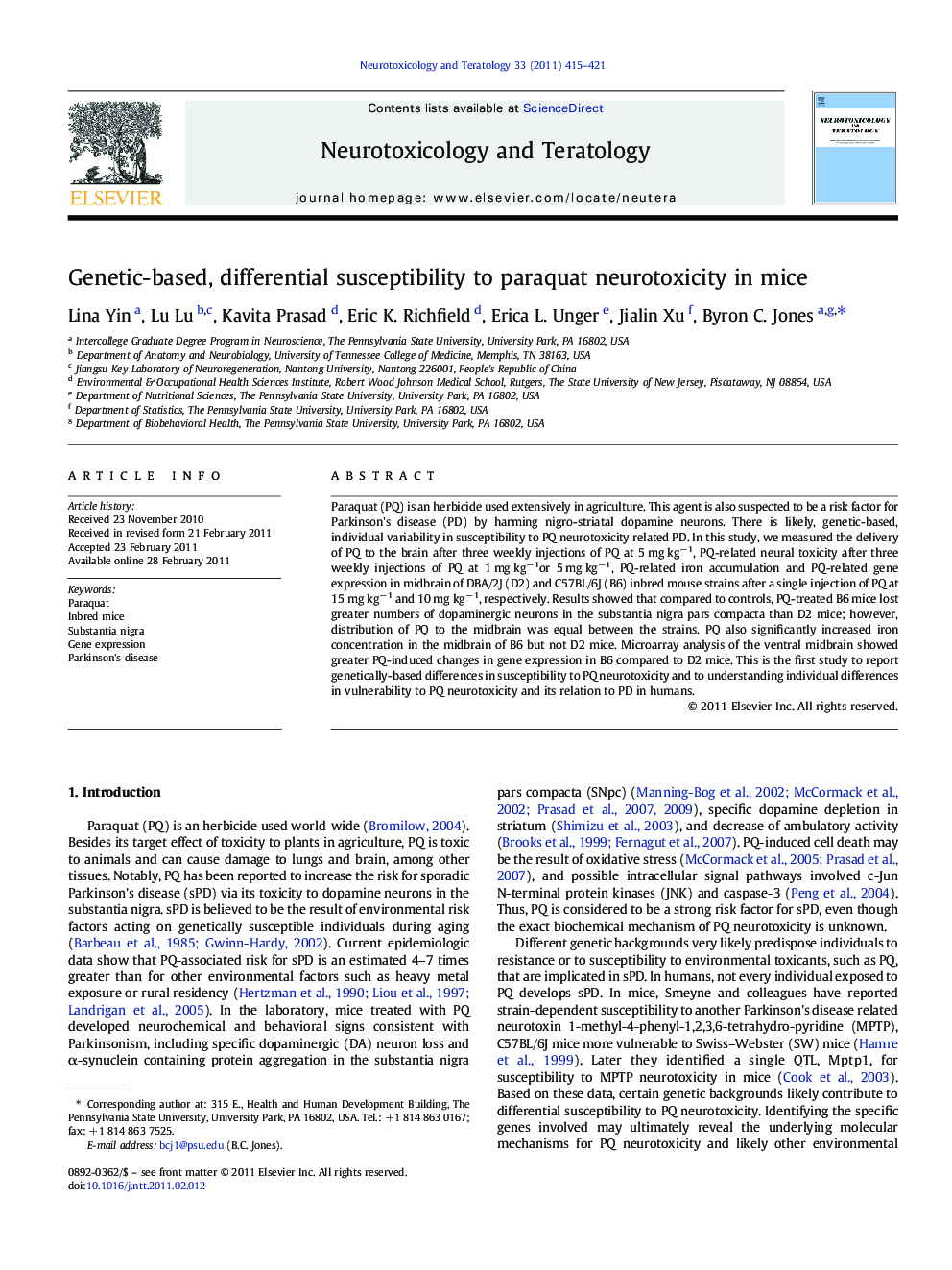 عکس صفحه اول مقاله: Genetic-based, differential susceptibility to paraquat neurotoxicity in mice Genetic-based, differential susceptibility to paraquat neurotoxicity in mice