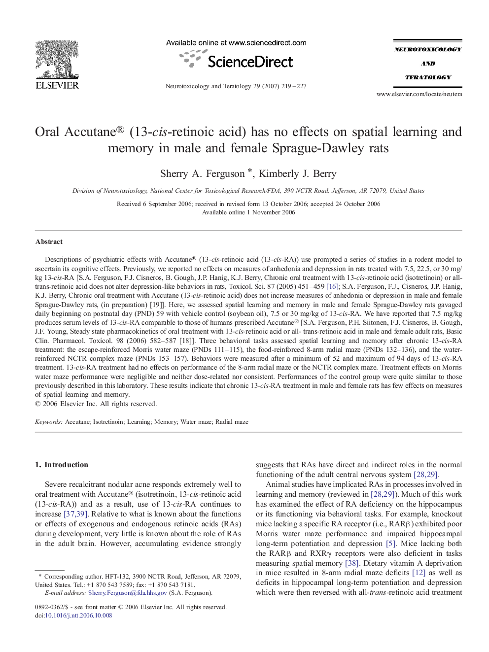 Oral Accutane® (13-cis-retinoic acid) has no effects on spatial learning and memory in male and female Sprague-Dawley rats