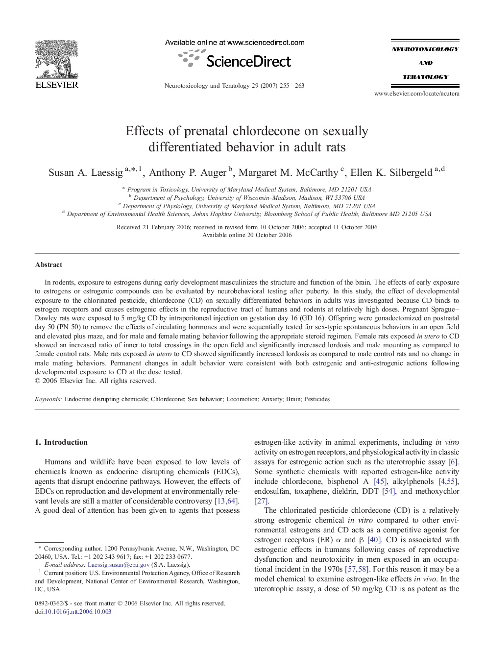 Effects of prenatal chlordecone on sexually differentiated behavior in adult rats