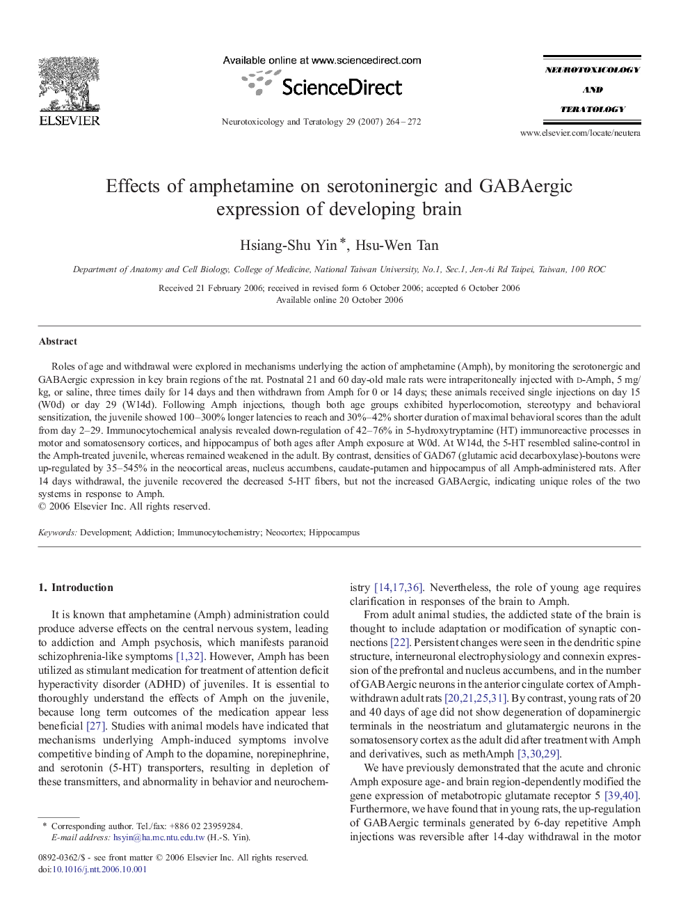 Effects of amphetamine on serotoninergic and GABAergic expression of developing brain